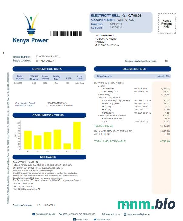 Kenya Kenya Power rachunek za media Word i PDF template
